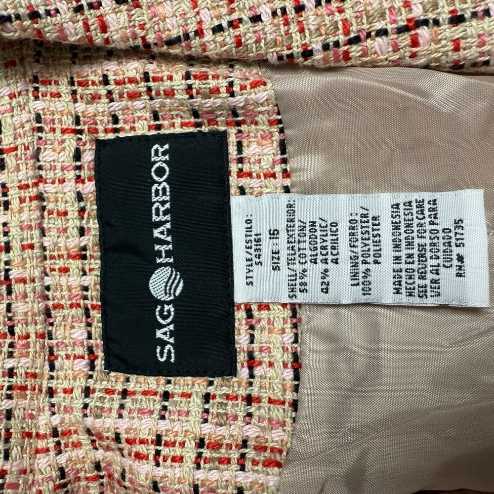 Sag Harbor Tweed Jacket Blazer Size 16 Pink Ivory Textured Career Classic - Picture 4 of 6
